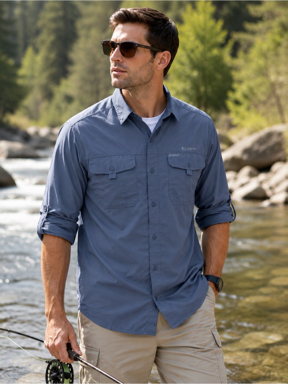 Columbia Omni Shade Fishing Shirt XL Blue Gray Vented UPF Nylon Hiking